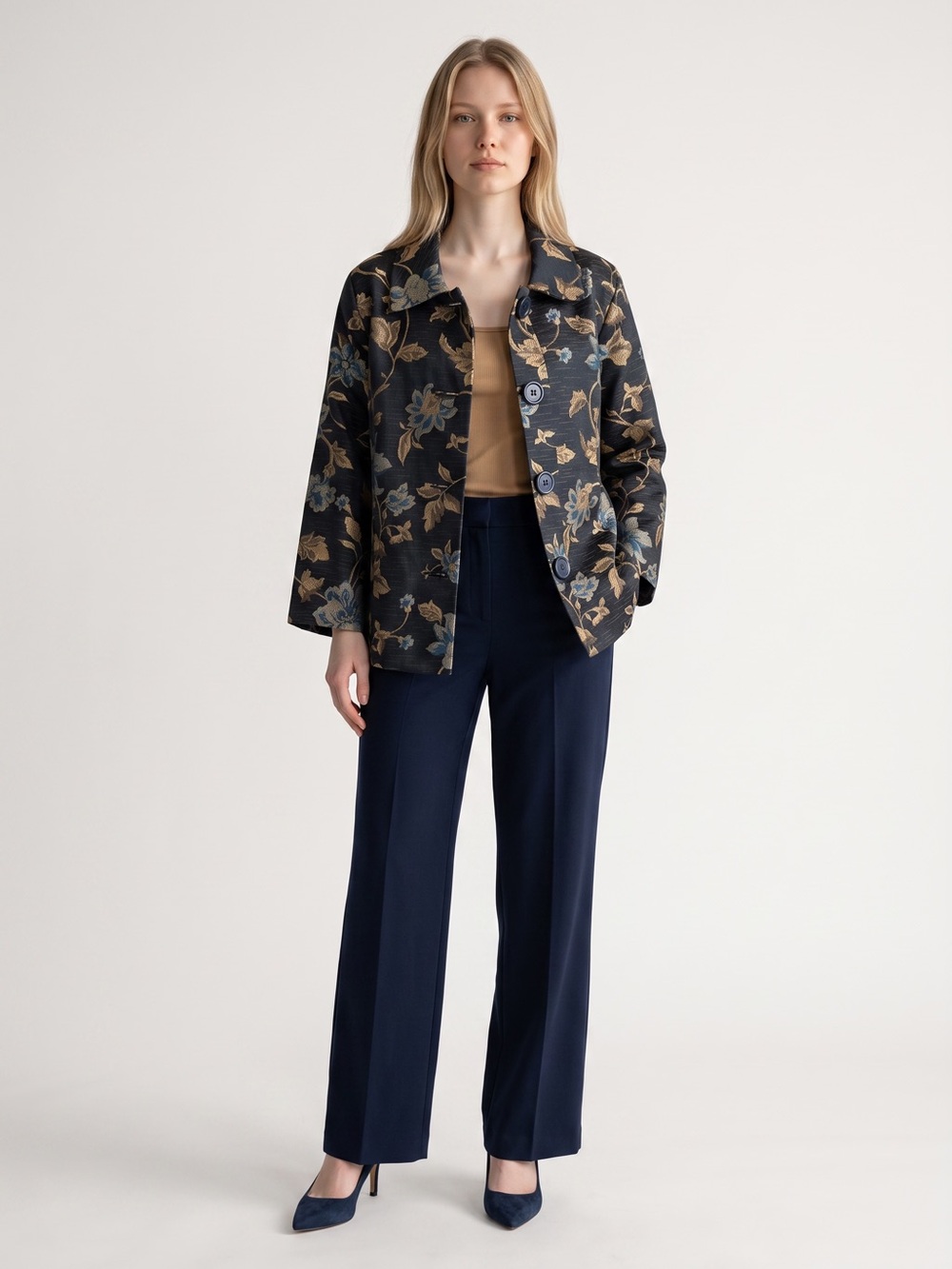 SilkLand Vintage Black Floral Jacquard Blazer with Gold and Blue Accents